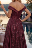 A Line Off the Shoulder Sparkly Burgundy Long Sequin Prom Dress with Cape