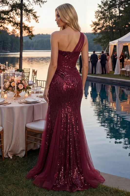 Mermaid Sparkly Burgundy One Shoulder Corset Long Sequin Prom Dress with Slit