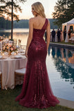 Mermaid Sparkly Burgundy One Shoulder Corset Long Sequin Prom Dress with Slit