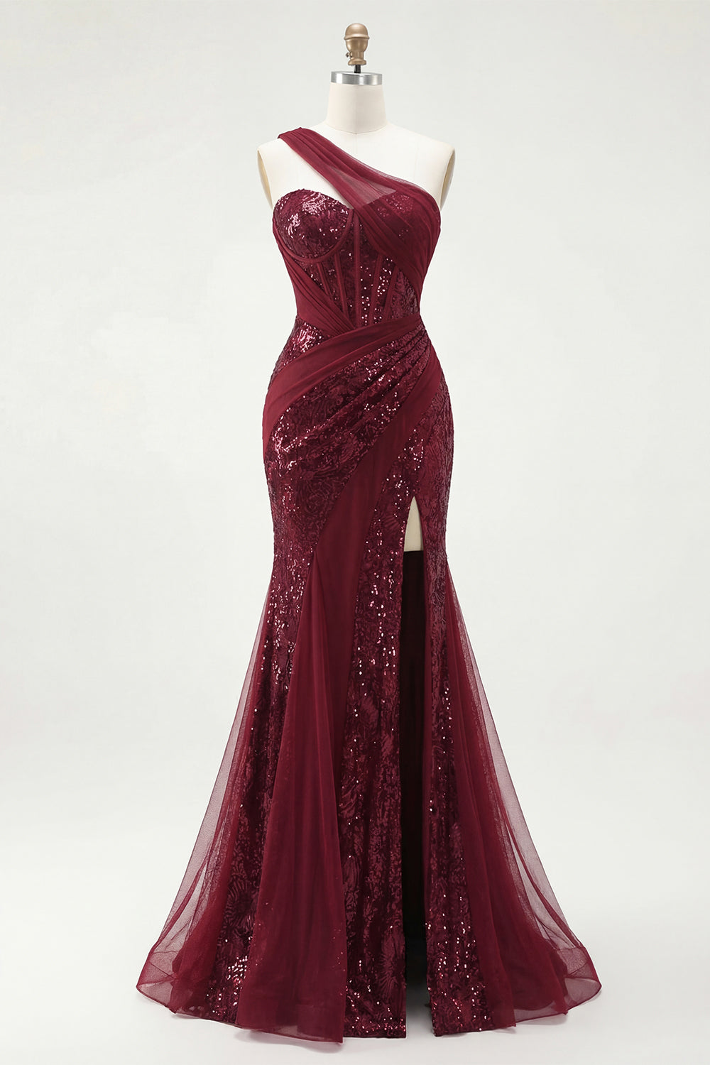 Mermaid Sparkly Burgundy One Shoulder Corset Long Sequin Prom Dress with Slit