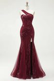 Mermaid Sparkly Burgundy One Shoulder Corset Long Sequin Prom Dress with Slit