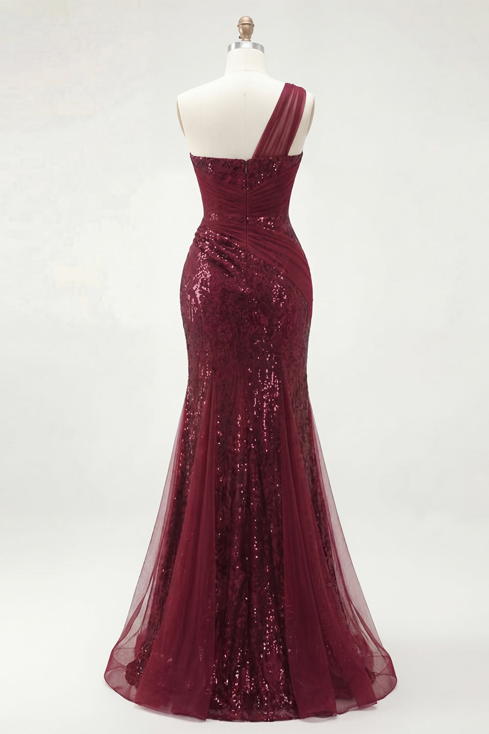 Mermaid Sparkly Burgundy One Shoulder Corset Long Sequin Prom Dress with Slit