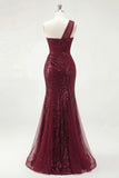 Mermaid Sparkly Burgundy One Shoulder Corset Long Sequin Prom Dress with Slit