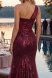 Mermaid Sparkly Burgundy One Shoulder Corset Long Sequin Prom Dress with Slit
