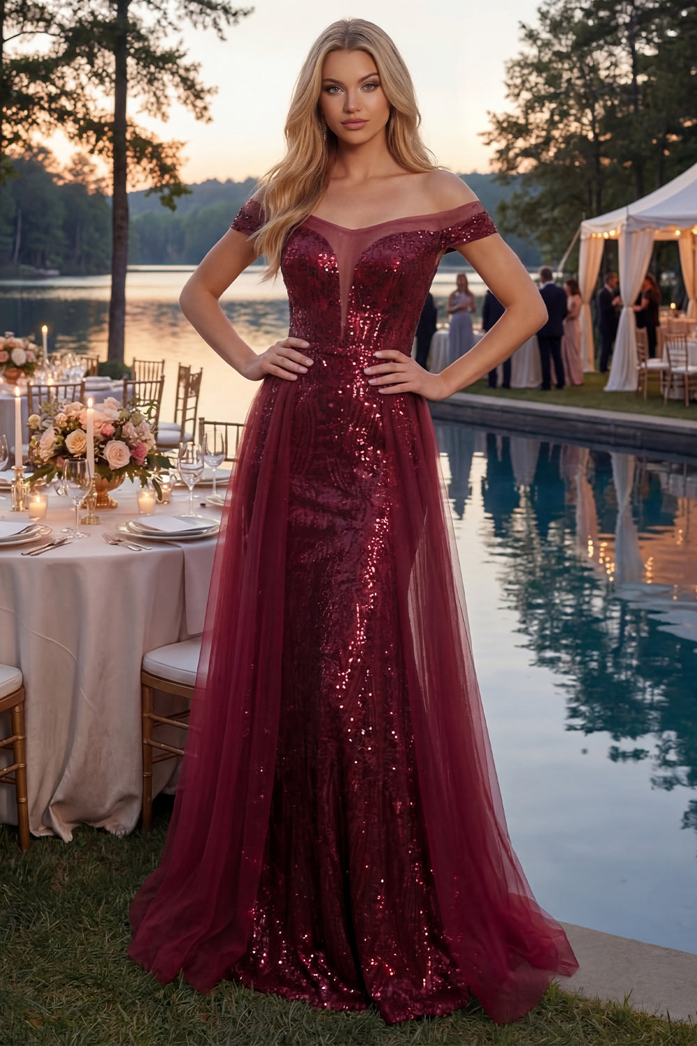 Zapakasa Women Sparkly Burgundy Long Sequin Prom Dress With Cape