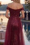 Long Sequin Mermaid Off the Shoulder Sparkly Burgundy Prom Dress with Cape