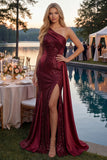 One Shoulder Mermaid Sparkly Burgundy Long Sequin Prom Dress with Side Cape