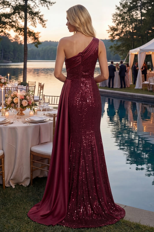 One Shoulder Mermaid Sparkly Burgundy Long Sequin Prom Dress with Side Cape