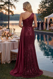 One Shoulder Mermaid Sparkly Burgundy Long Sequin Prom Dress with Side Cape