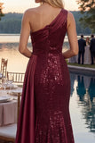 One Shoulder Mermaid Sparkly Burgundy Long Sequin Prom Dress with Side Cape
