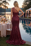 Corset Long Sequin Mermaid Sparkly Burgundy One Shoulder Prom Dress with Slit