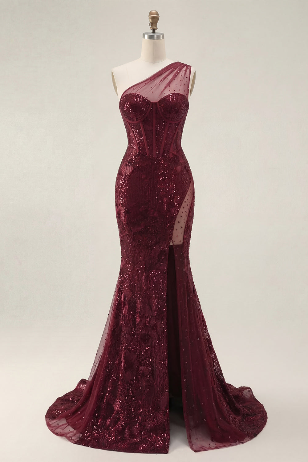 Corset Long Sequin Mermaid Sparkly Burgundy One Shoulder Prom Dress with Slit