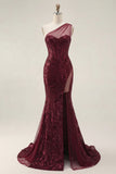 Corset Long Sequin Mermaid Sparkly Burgundy One Shoulder Prom Dress with Slit