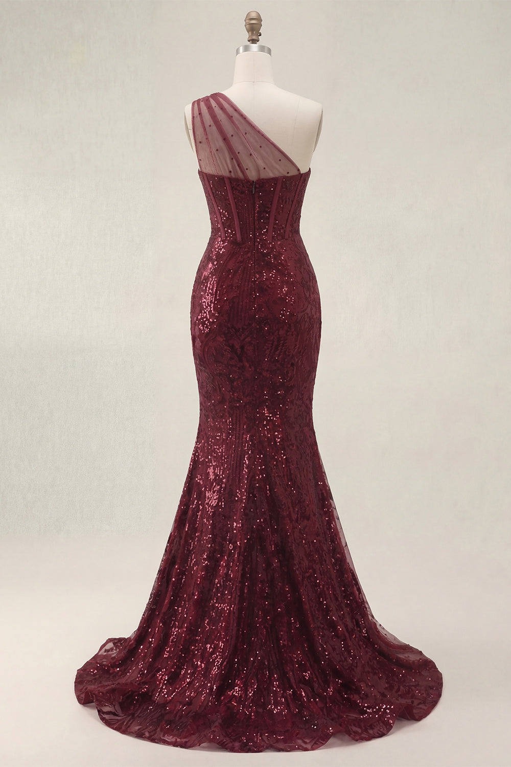 Corset Long Sequin Mermaid Sparkly Burgundy One Shoulder Prom Dress with Slit