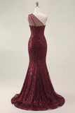 Corset Long Sequin Mermaid Sparkly Burgundy One Shoulder Prom Dress with Slit