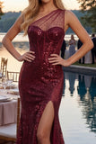 Corset Long Sequin Mermaid Sparkly Burgundy One Shoulder Prom Dress with Slit