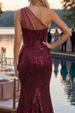 Corset Long Sequin Mermaid Sparkly Burgundy One Shoulder Prom Dress with Slit