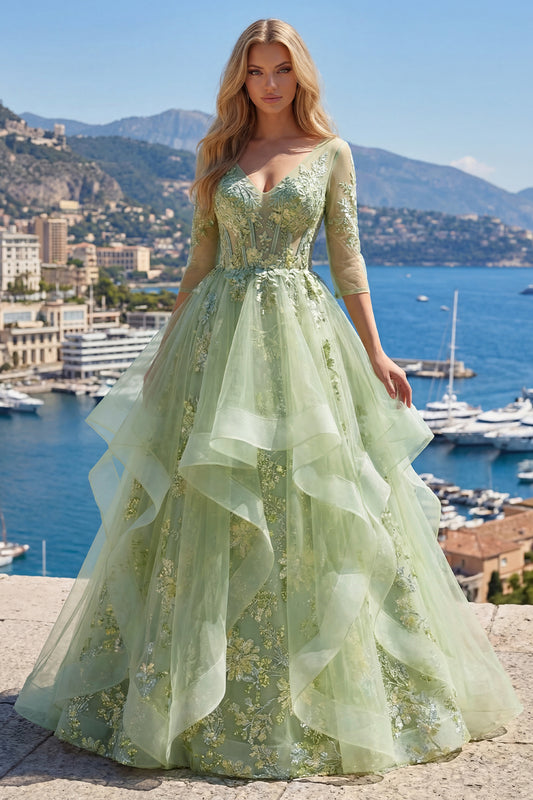 3/4 Sleeves Green Long Corset A Line Floral Prom Dress with Ruffles