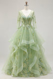 3/4 Sleeves Green Long Corset A Line Floral Prom Dress with Ruffles