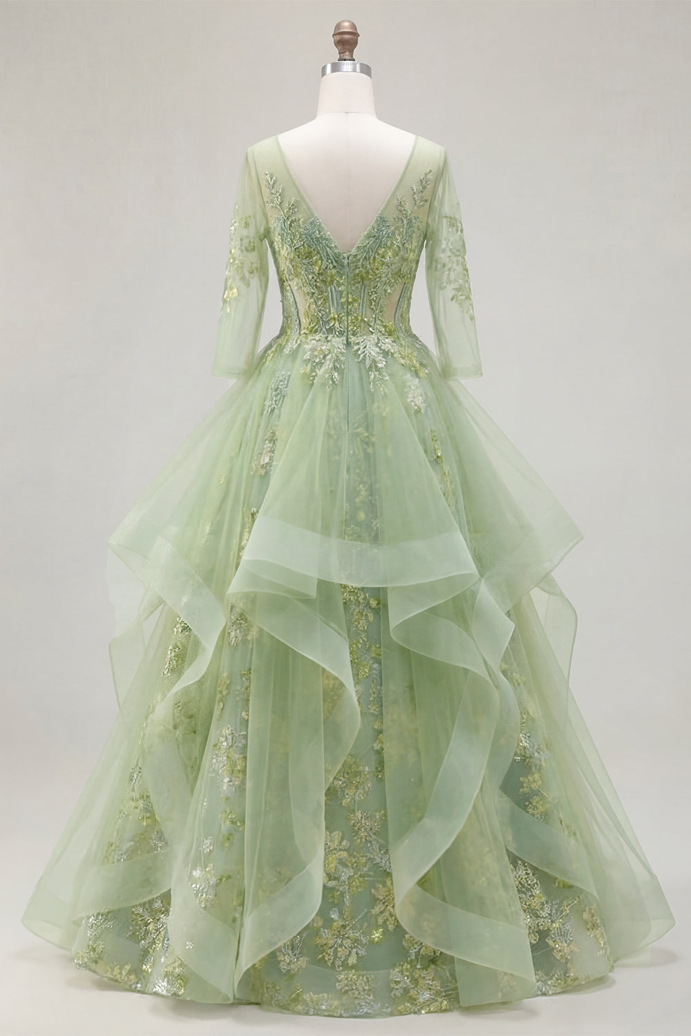 3/4 Sleeves Green Long Corset A Line Floral Prom Dress with Ruffles