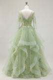 3/4 Sleeves Green Long Corset A Line Floral Prom Dress with Ruffles