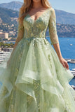 3/4 Sleeves Green Long Corset A Line Floral Prom Dress with Ruffles