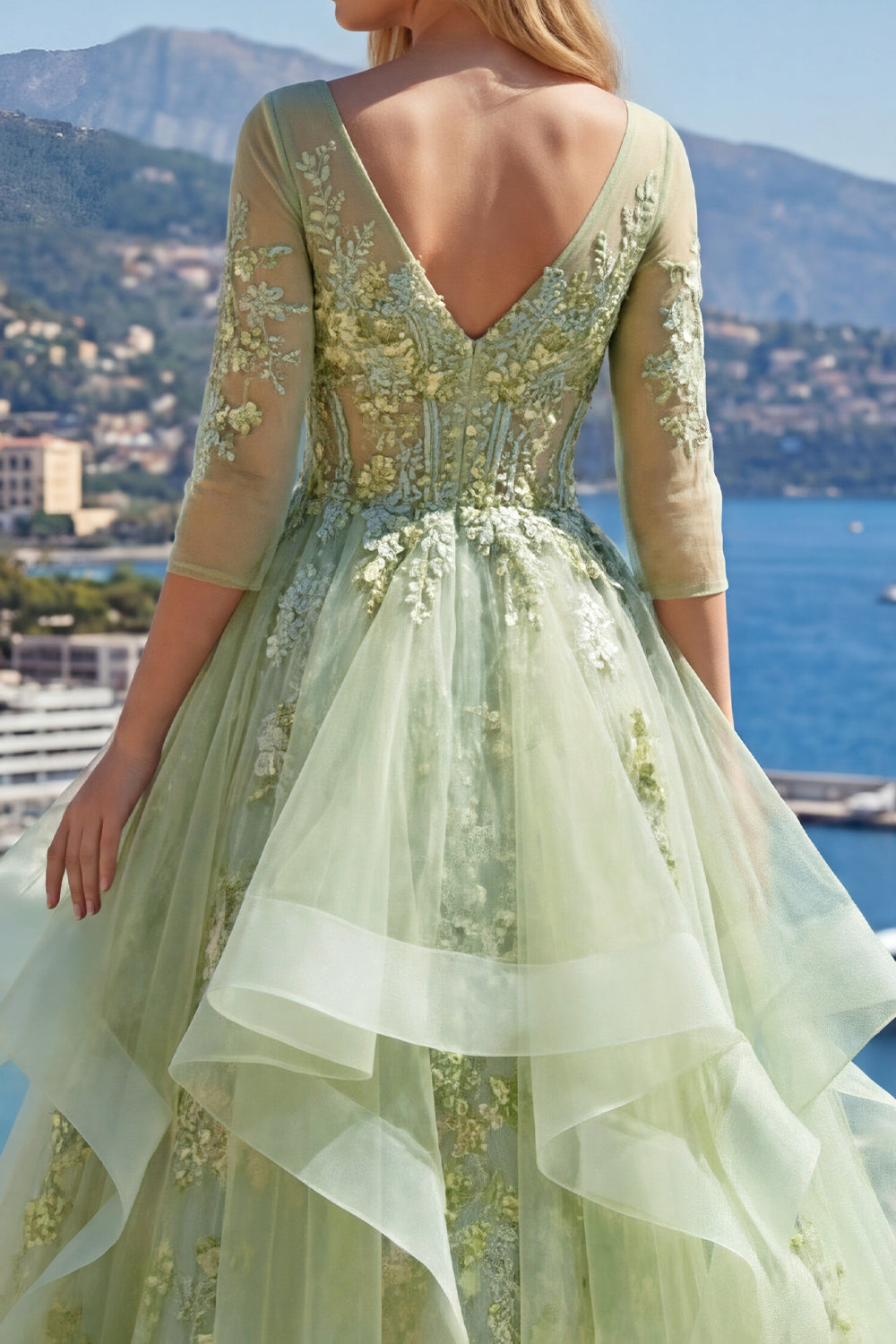 3/4 Sleeves Green Long Corset A Line Floral Prom Dress with Ruffles