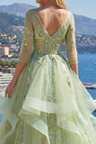 3/4 Sleeves Green Long Corset A Line Floral Prom Dress with Ruffles