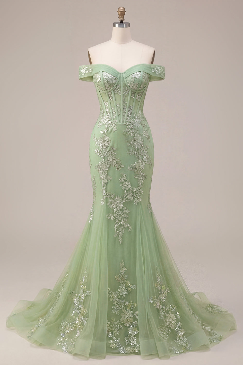 Off the Shoulder Green Long Corset Mermaid Floral Open Back Prom Dress