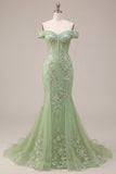 Off the Shoulder Green Long Corset Mermaid Floral Open Back Prom Dress