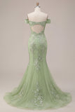 Off the Shoulder Green Long Corset Mermaid Floral Open Back Prom Dress