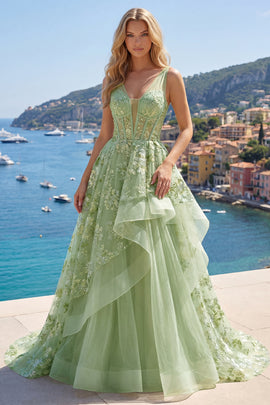 V-Neck Green Long Corset A Line Floral Prom Dress with Ruffles