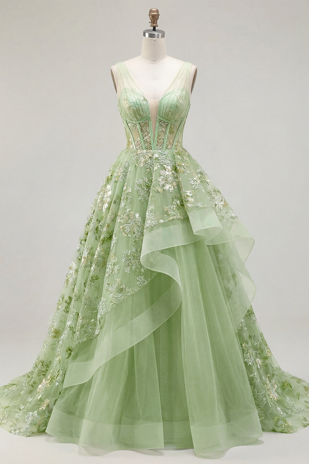 V-Neck Green Long Corset A Line Floral Prom Dress with Ruffles