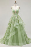 V-Neck Green Long Corset A Line Floral Prom Dress with Ruffles