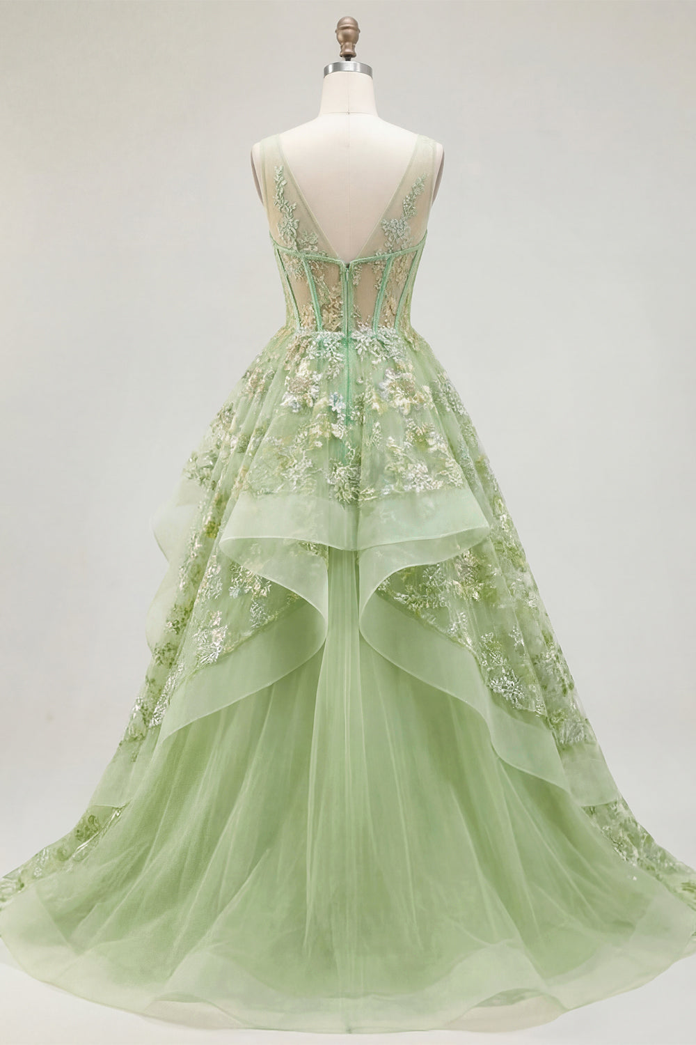 V-Neck Green Long Corset A Line Floral Prom Dress with Ruffles