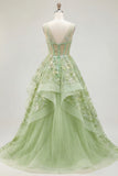 V-Neck Green Long Corset A Line Floral Prom Dress with Ruffles