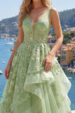V-Neck Green Long Corset A Line Floral Prom Dress with Ruffles