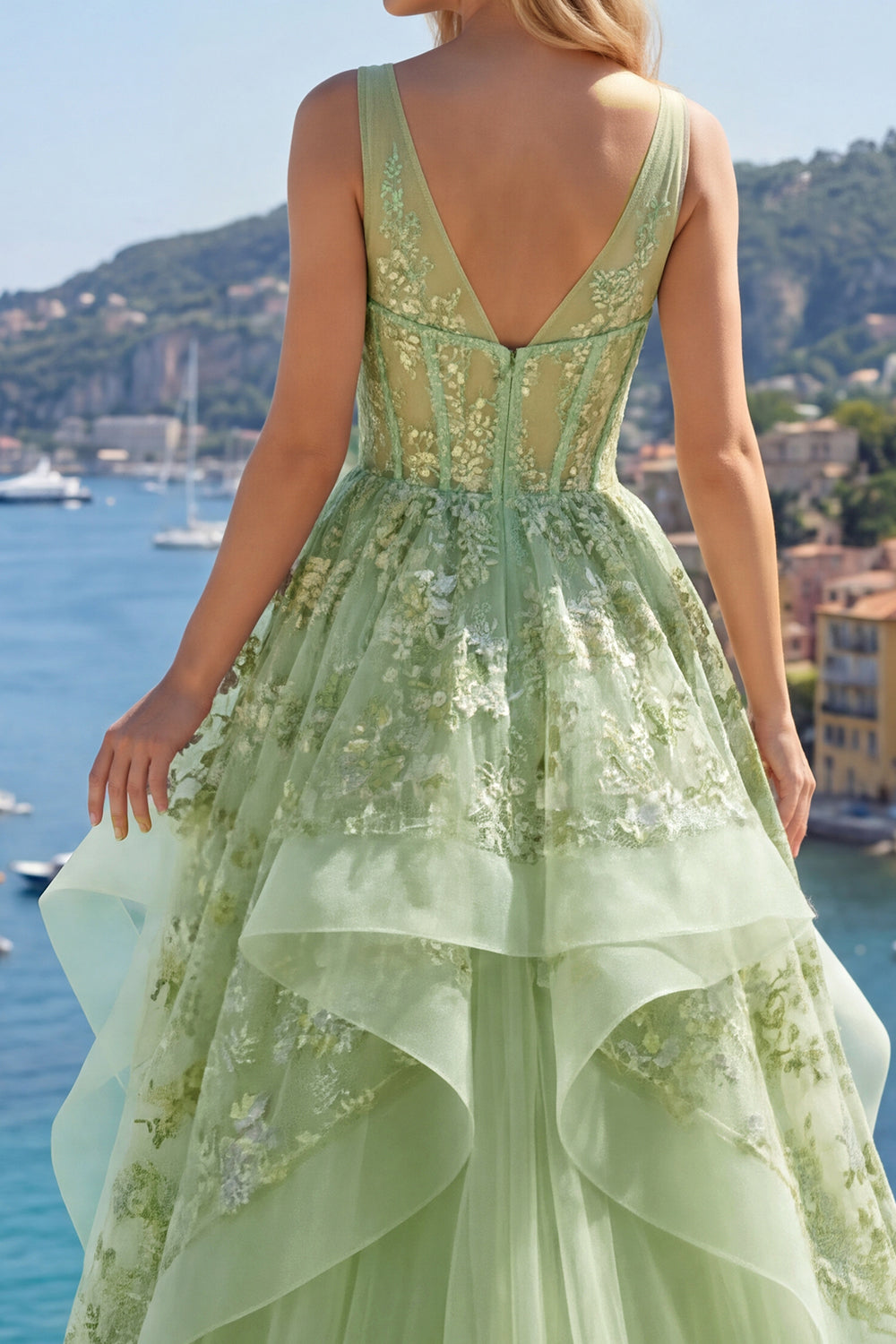 V-Neck Green Long Corset A Line Floral Prom Dress with Ruffles