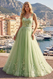 Thick Straps Green Long A Line Floral Prom Dress