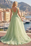 Thick Straps Green Long A Line Floral Prom Dress