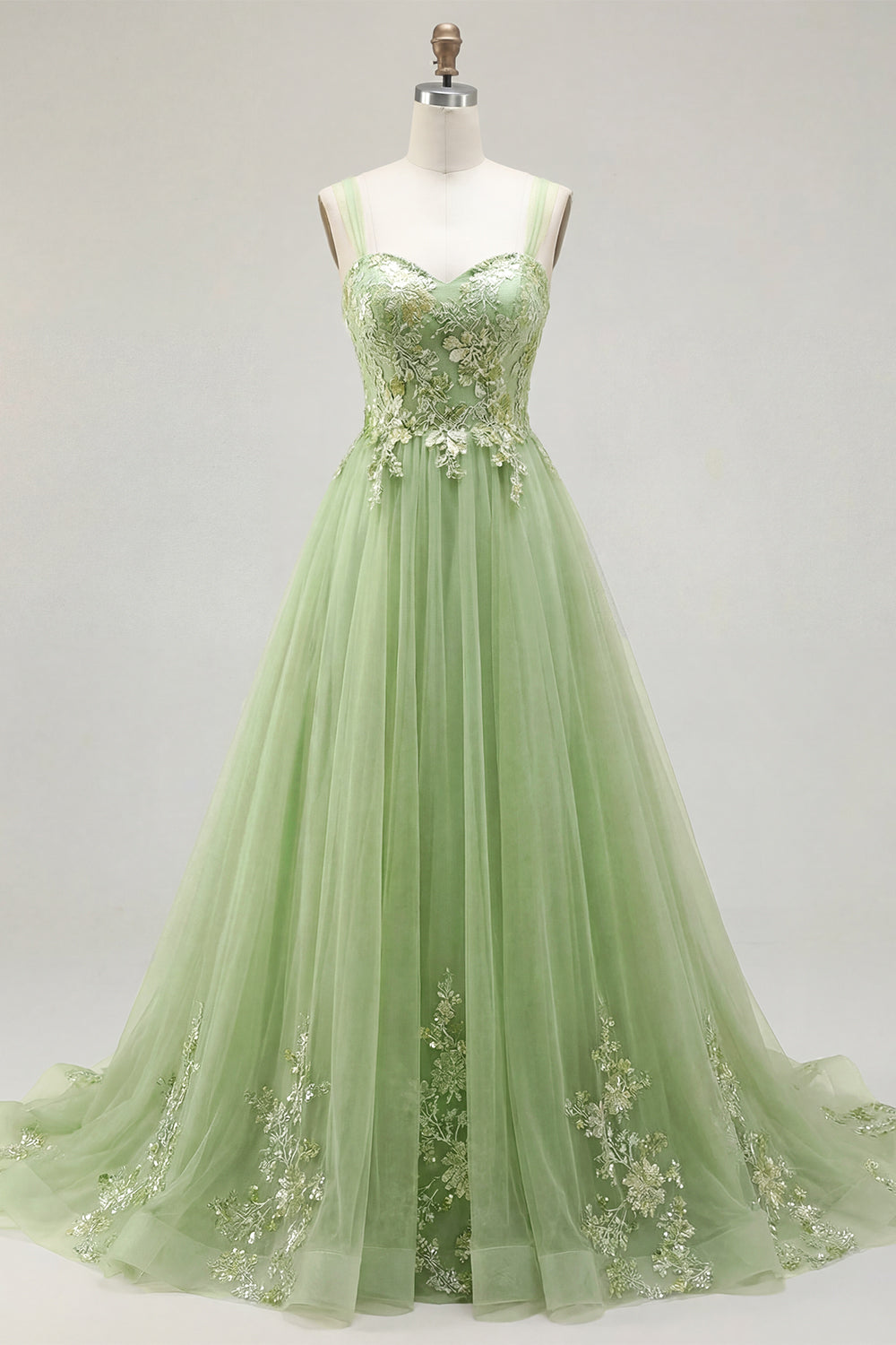 Thick Straps Green Long A Line Floral Prom Dress