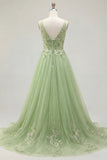 Thick Straps Green Long A Line Floral Prom Dress