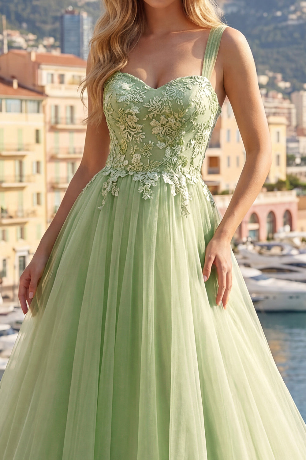 Thick Straps Green Long A Line Floral Prom Dress