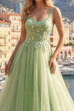 Thick Straps Green Long A Line Floral Prom Dress