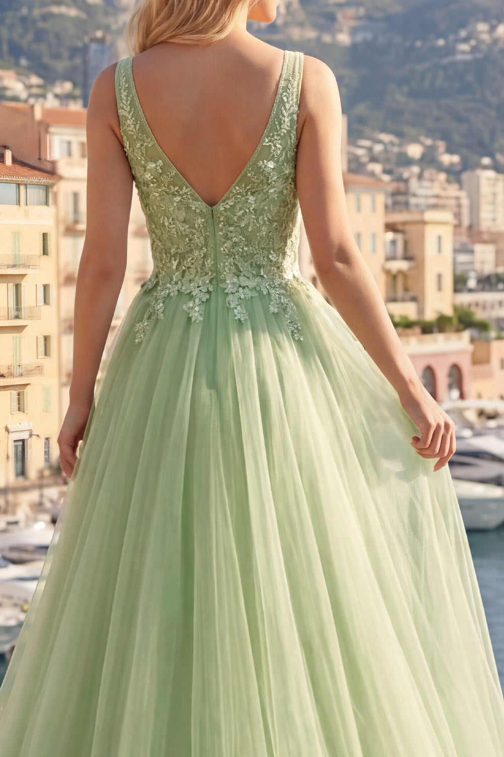 Thick Straps Green Long A Line Floral Prom Dress