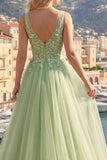 Thick Straps Green Long A Line Floral Prom Dress