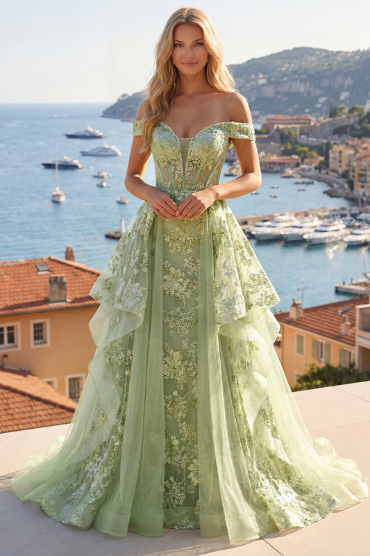 Ruffled Green Long Corset A Line Floral Prom Dress with Cape