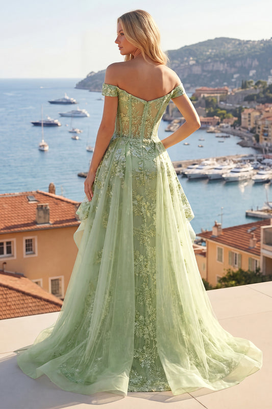 Ruffled Green Long Corset A Line Floral Prom Dress with Cape