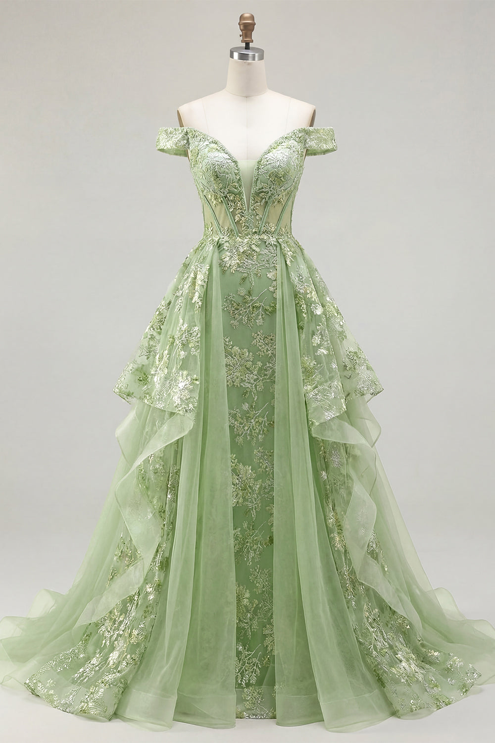 Ruffled Green Long Corset A Line Floral Prom Dress with Cape