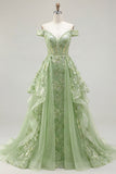 Ruffled Green Long Corset A Line Floral Prom Dress with Cape